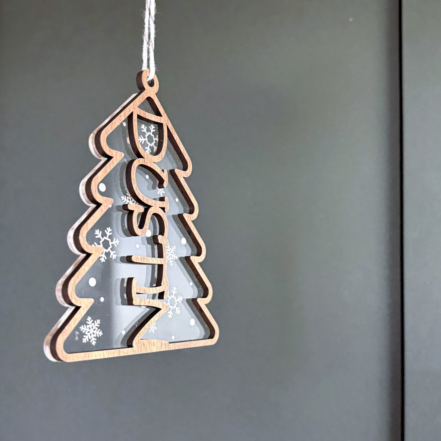 Personalised Christmas Tree Ornament Wood and Clear Snowflake