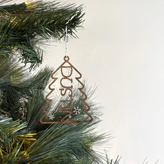 Personalised Christmas Tree Ornament Wood and Clear Snowflake