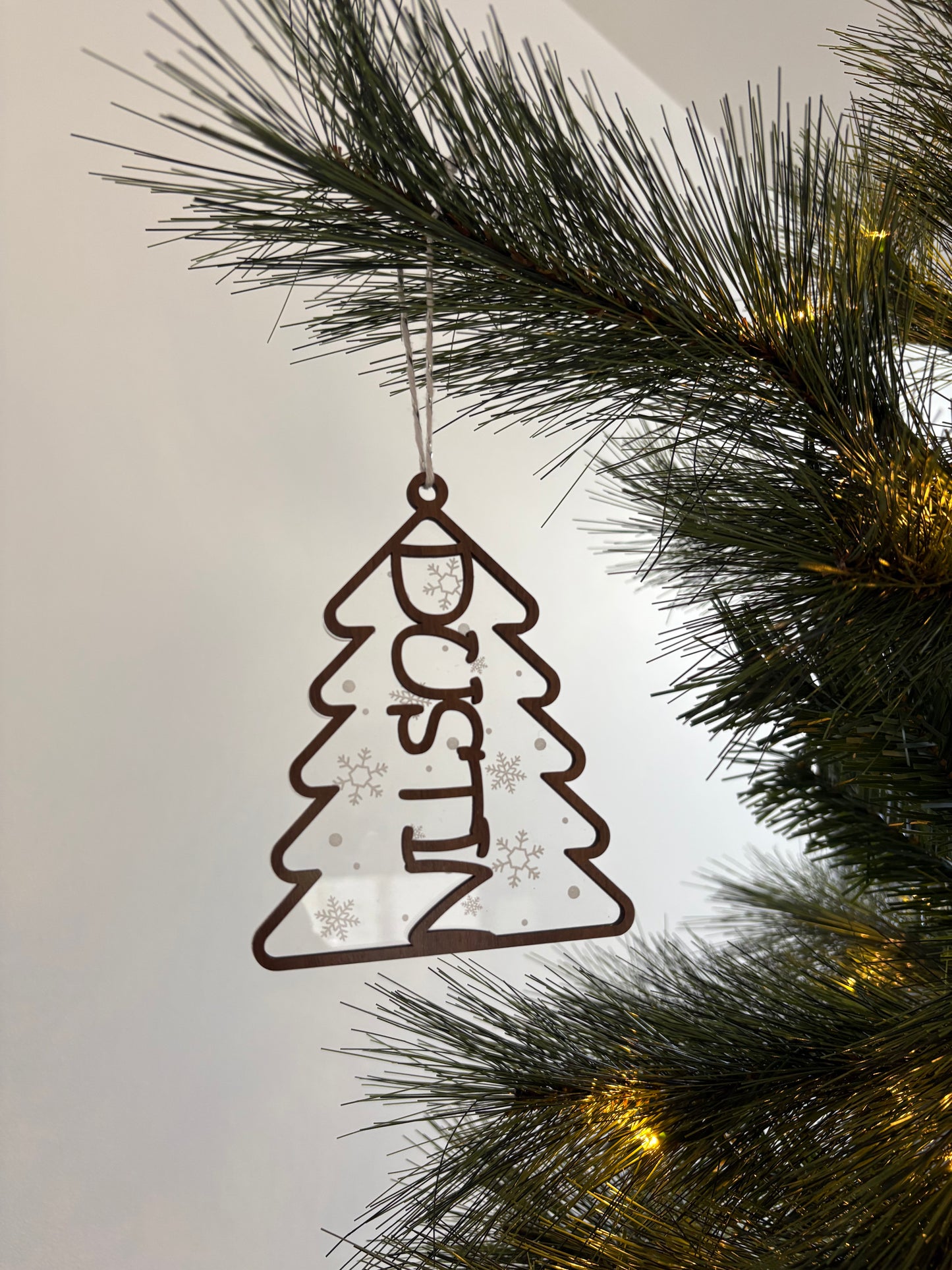 Personalised Christmas Tree Ornament Wood and Clear Snowflake