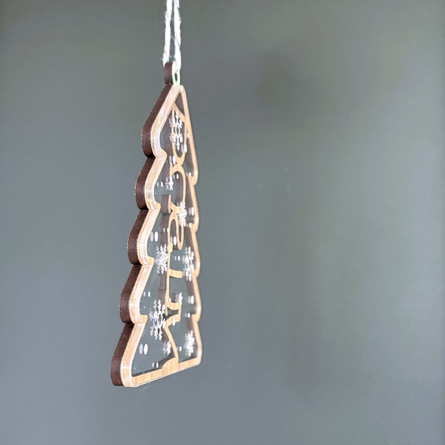 Personalised Christmas Tree Ornament Wood and Clear Snowflake